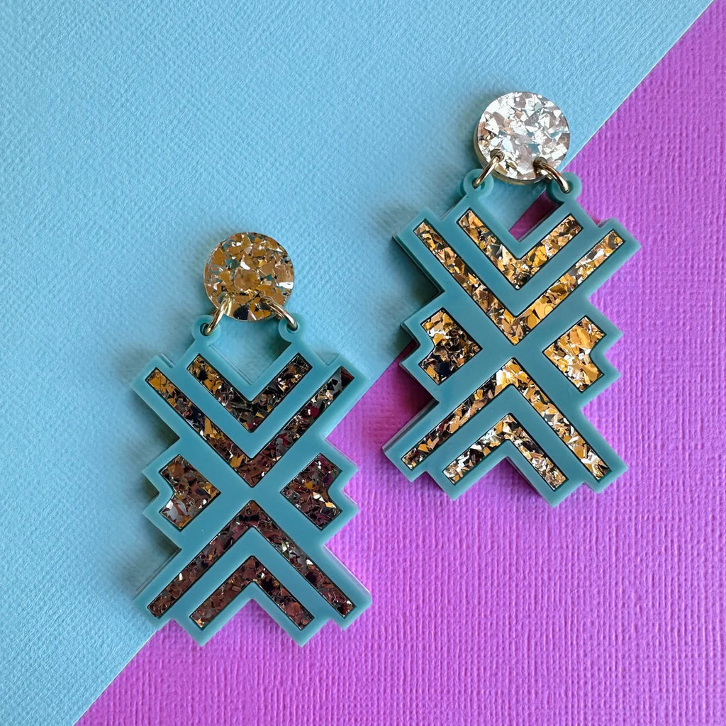 Geo Goddess Dangles - Teal & Gold