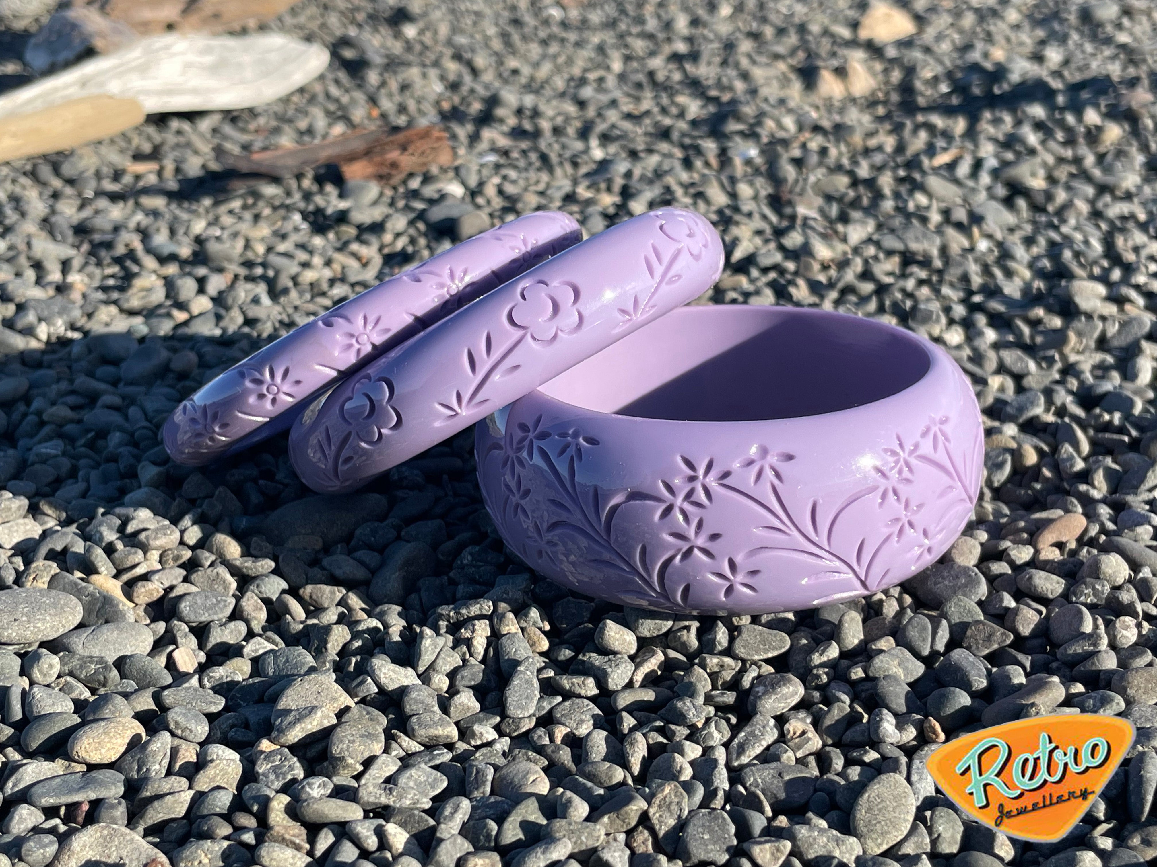 Wide "Blossom" in lilac by MCR carved fakelite bangle