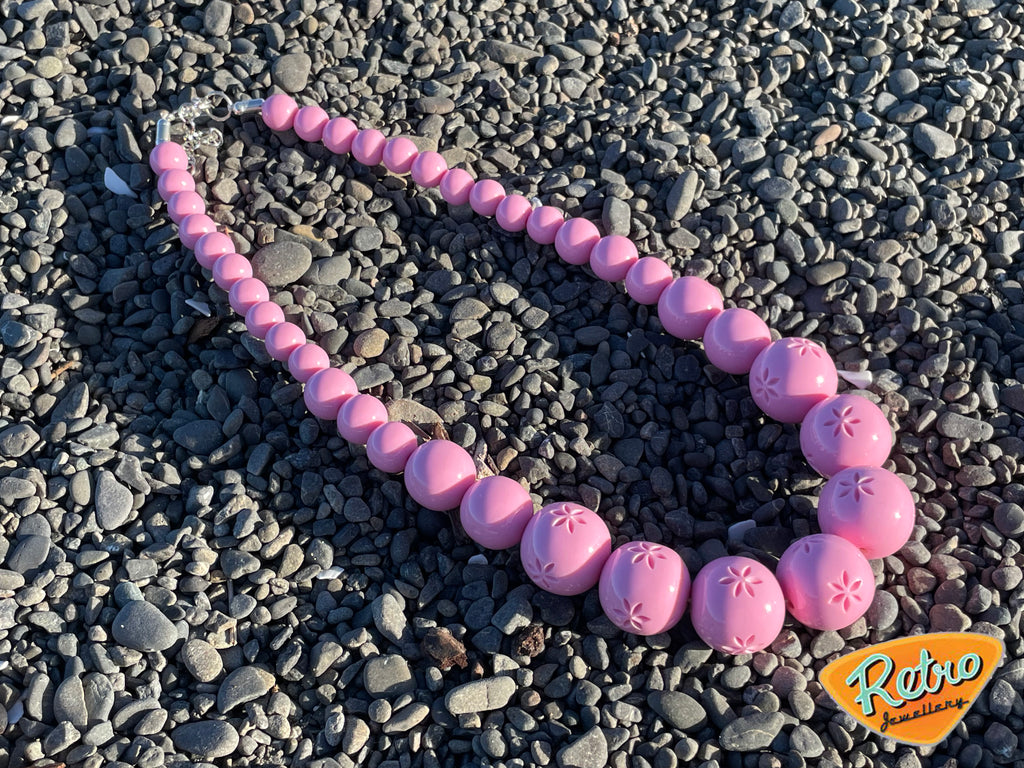 "Blossom" in baby pink by MCR carved fakelite bead necklace