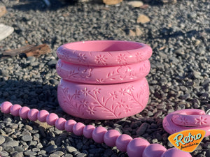 Narrow "Blossom" in baby pink by MCR carved fakelite bangle