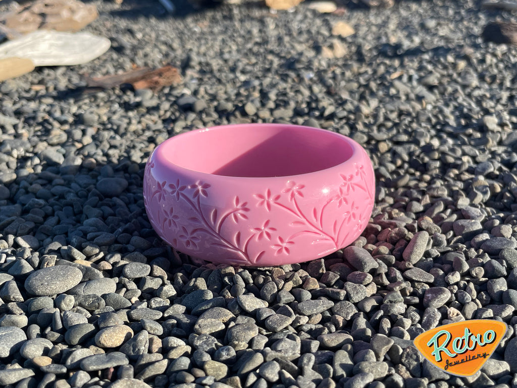 Wide "Blossom" in baby pink by MCR carved fakelite bangle