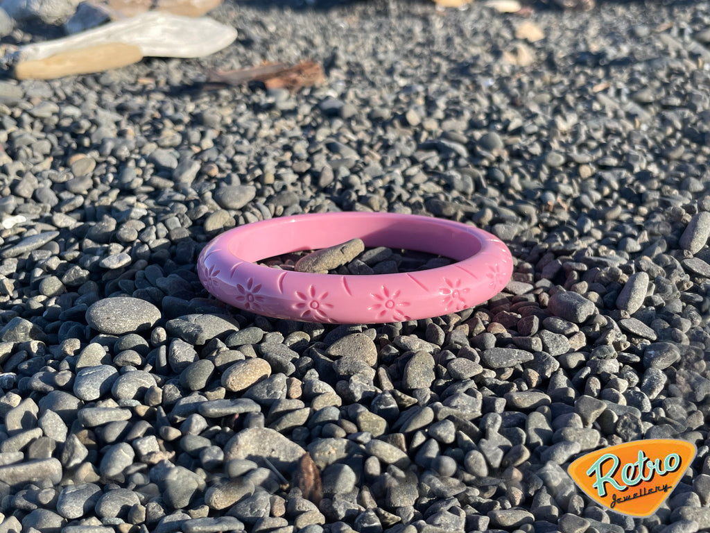 Narrow "Blossom" in baby pink by MCR carved fakelite bangle