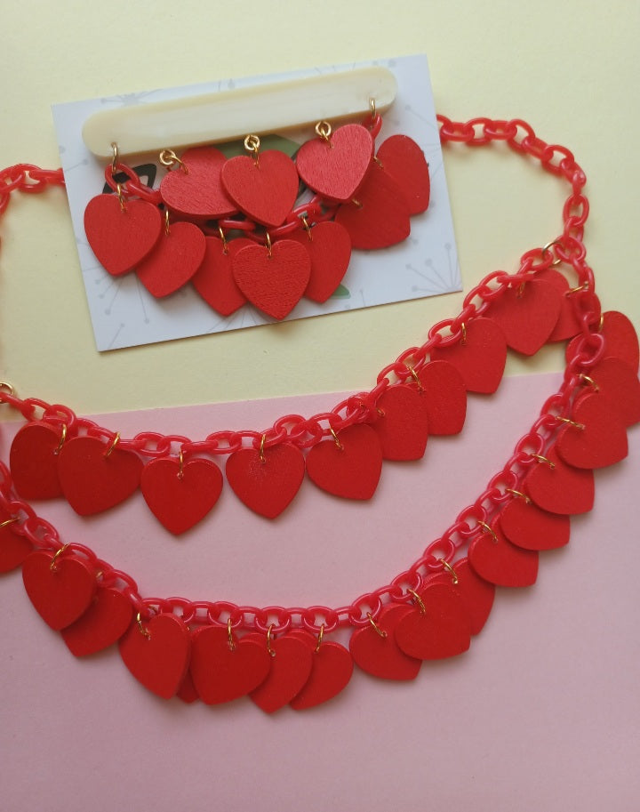 Alice Hearts Double Chain Necklace - Red