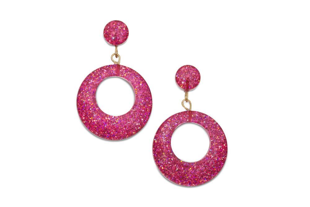 Fuchsia Pink Glitter Drop Hoop Earrings