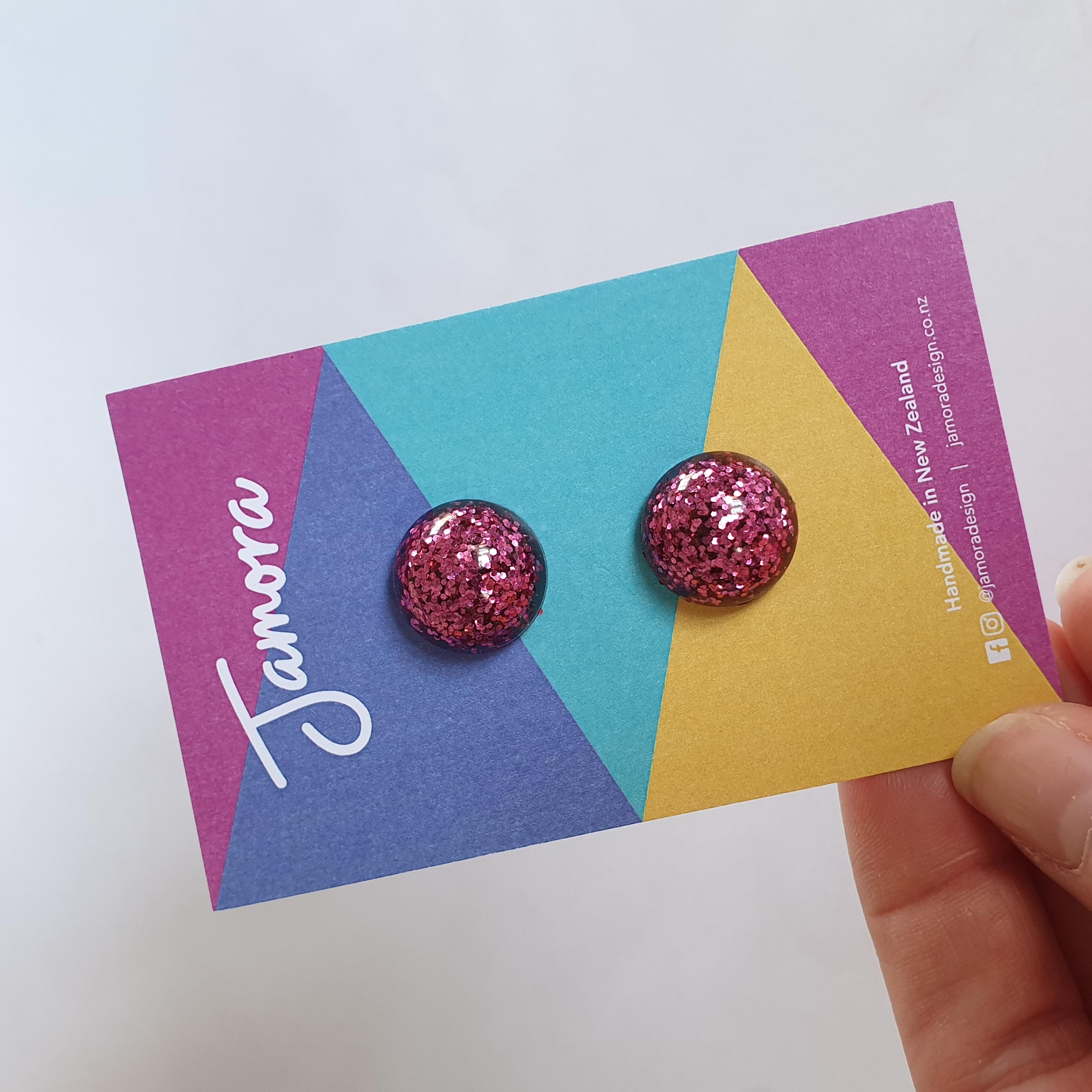 Fuchsia Pink Glitter Stud Earrings