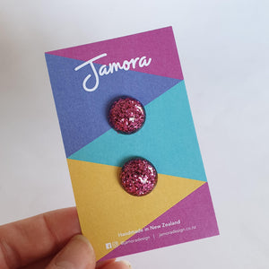 Fuchsia Pink Glitter Stud Earrings