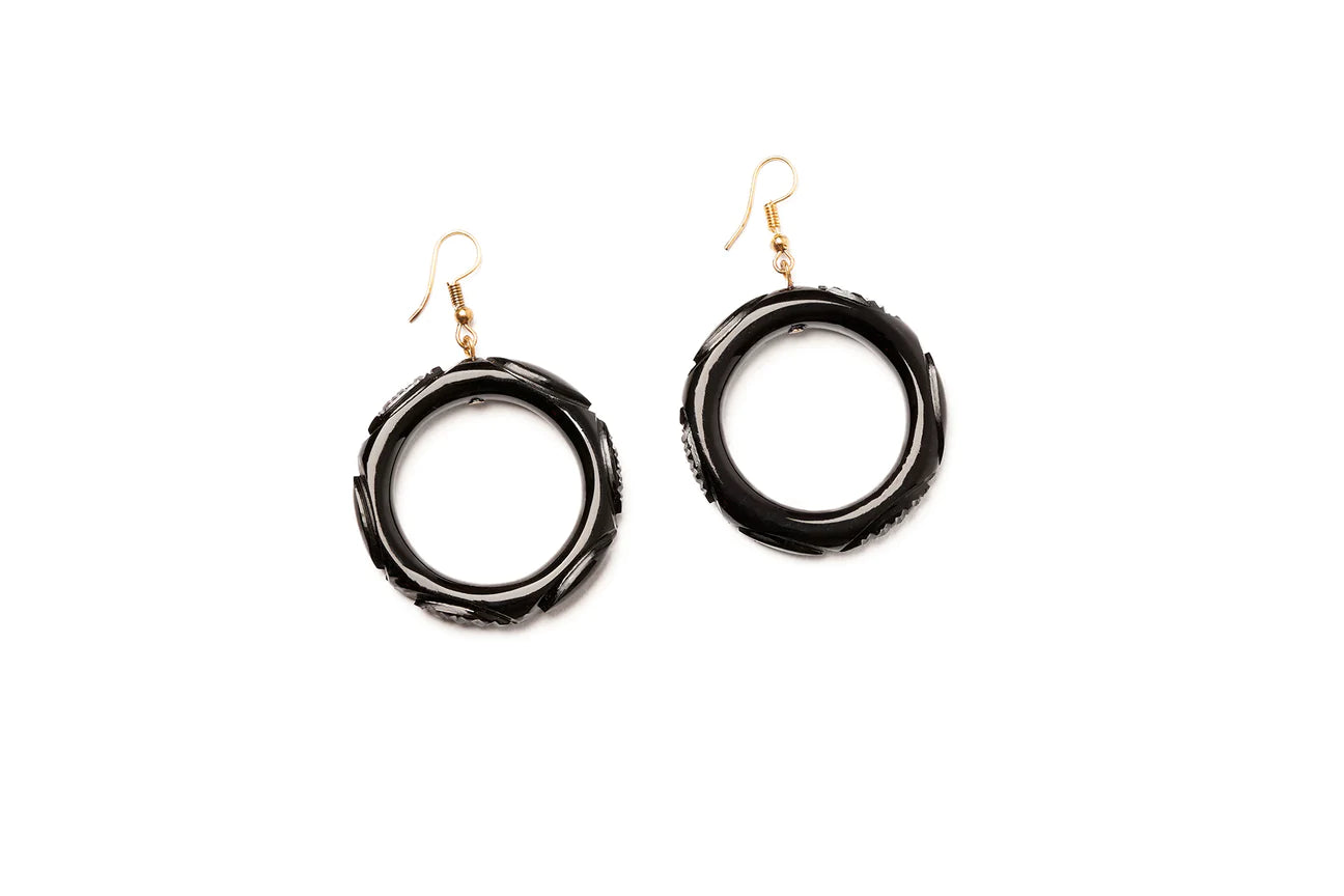 Black Heavy Carve Fakelite Drop Hoop Earrings