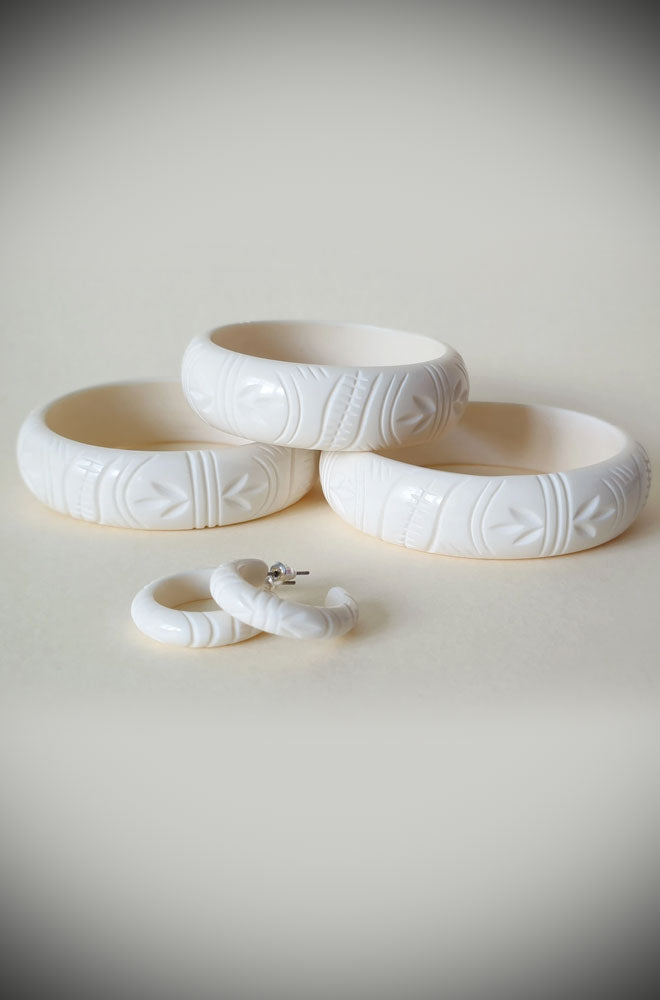 Etta Tropical Carve Hoop Earrings - White
