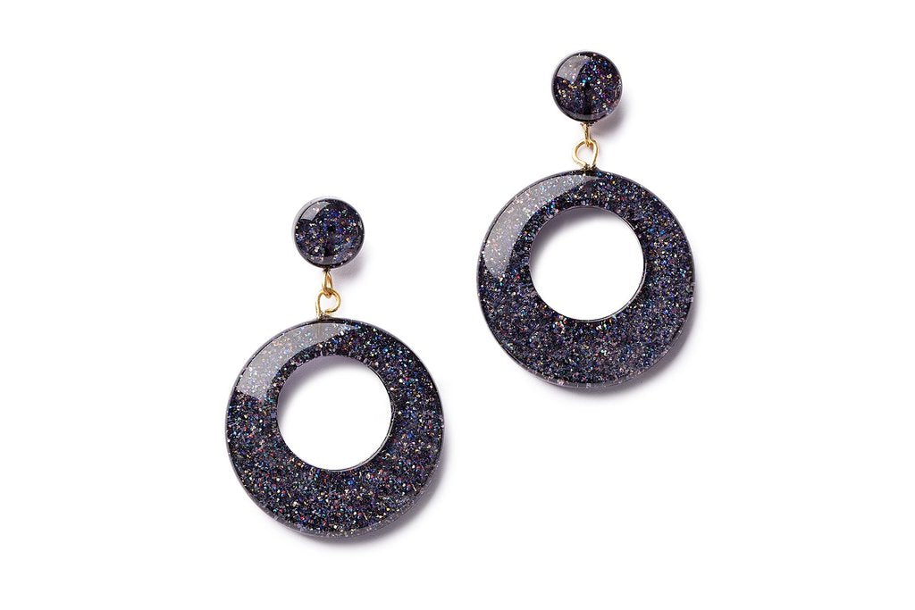 New Gunmetal Glitter Drop Hoop Earrings