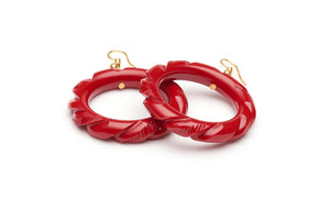 Red Heavy Carve Fakelite Drop Hoop Earrings