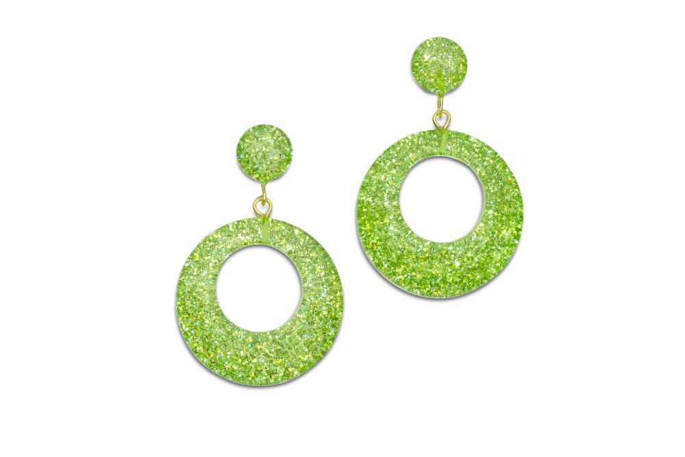 Lime Green Chartreuse Glitter Drop Hoop Earrings