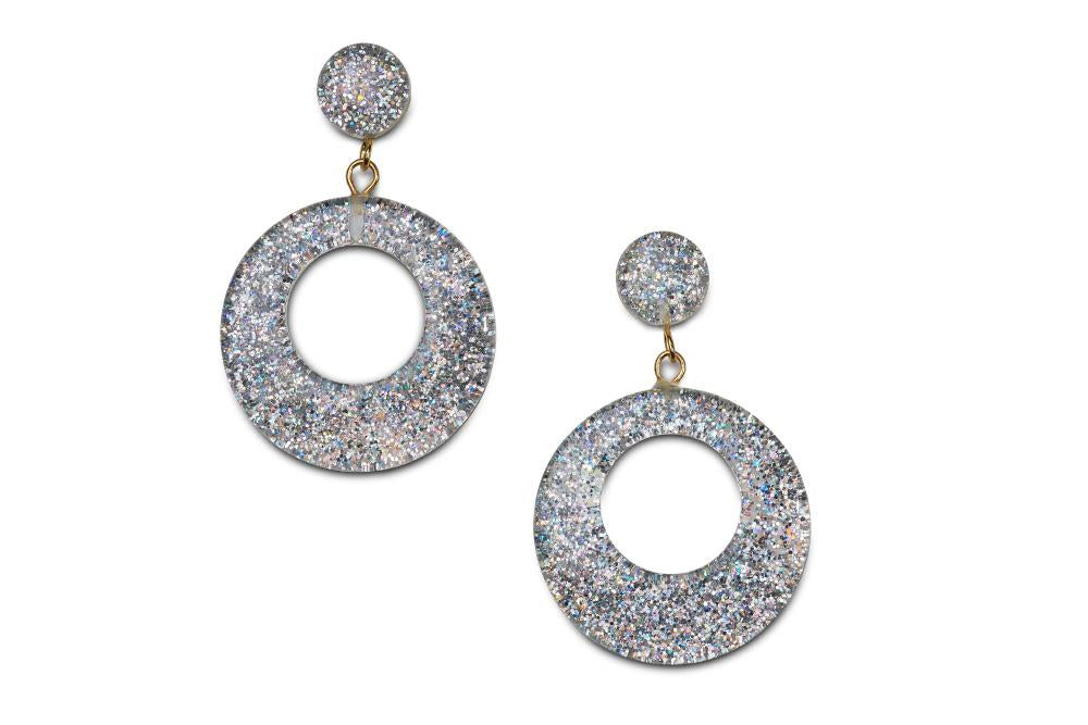 Silver Glitter Drop Hoop Earrings