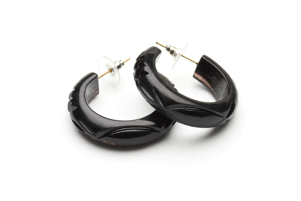 Black Heavy Carve Fakelite Hoop Earrings