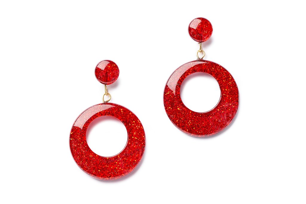 New Red Glitter Drop Hoop Earrings