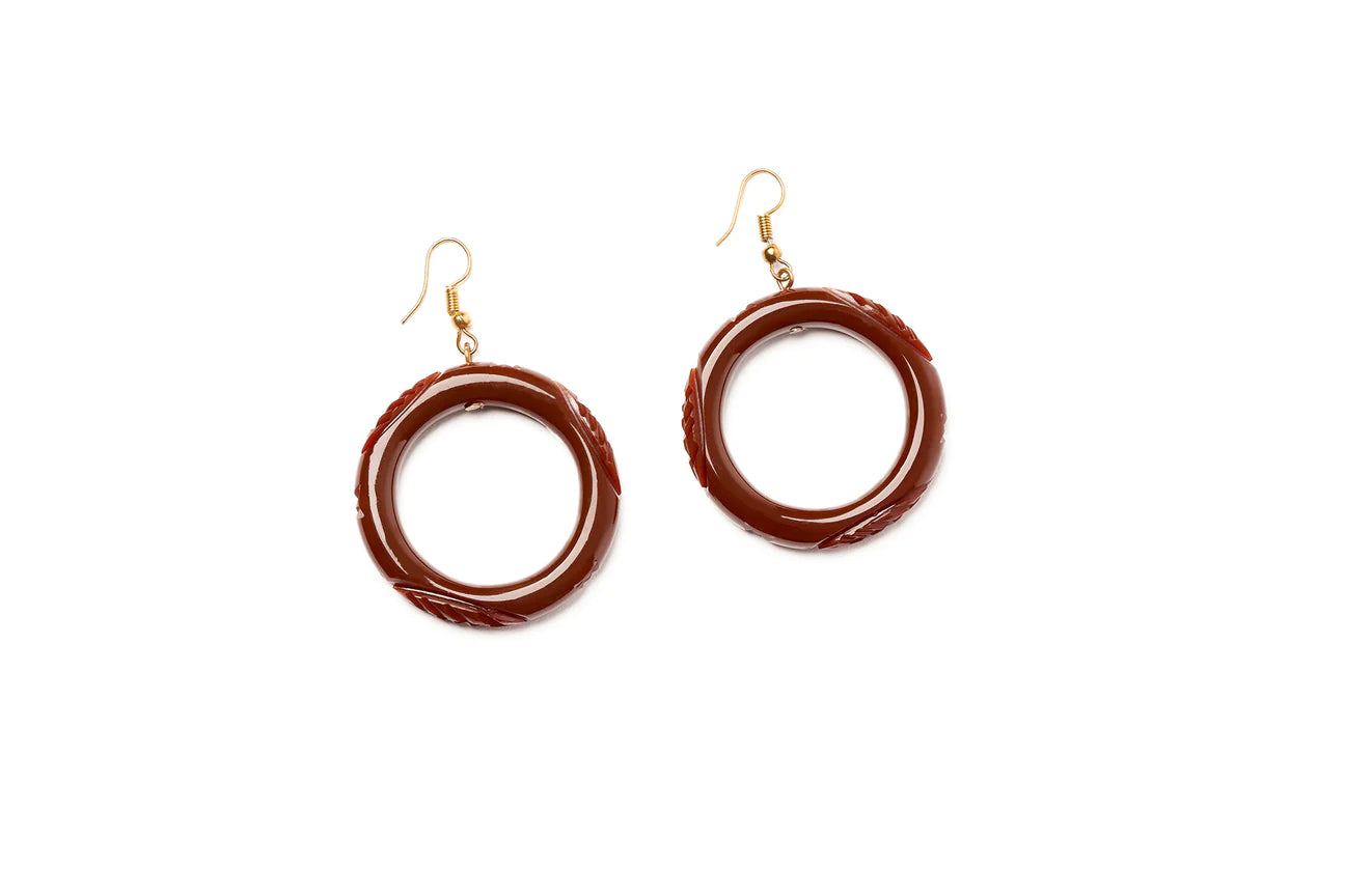 Tobacco Heavy Carve Fakelite Drop Hoop Earrings