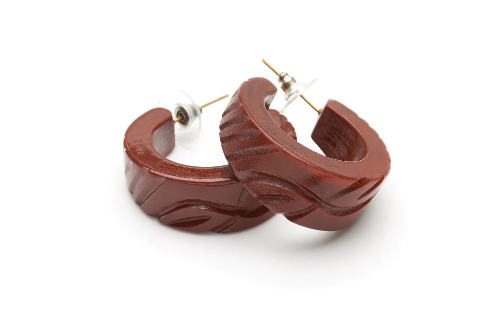 Tobacco Heavy Carve Fakelite Hoop Earrings